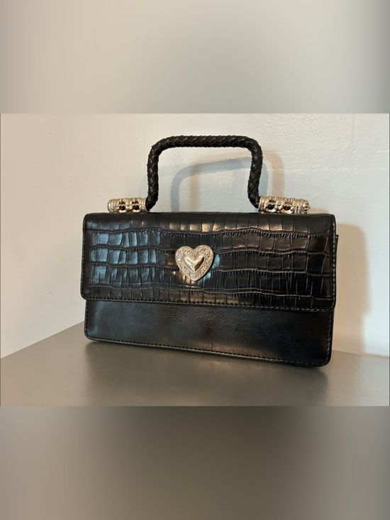 Langoon Leather Handbags - Braided-Handle Black Croc-Embossed Mini Top-Handle Bag with Heart Accent